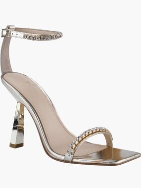 Marc Fisher Metallic Silver Crystal Ankle Strap Heels